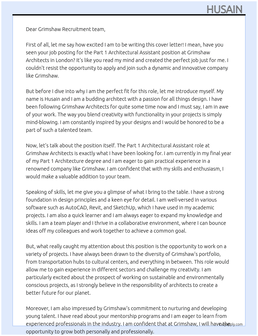 Part 1 Architectural Assistants > Grimshaw Architects > London At Grimshaw  Cover Letter