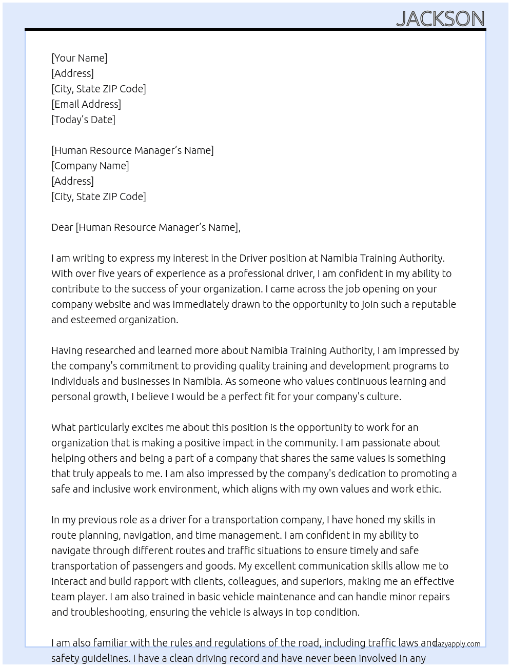 Driver At Namibia Training Authority Cover Letter