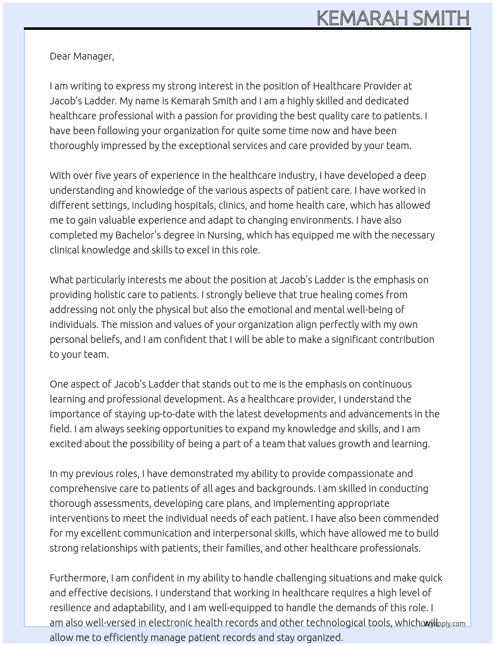 healthcare provider At Jacob's Ladder  Cover Letter