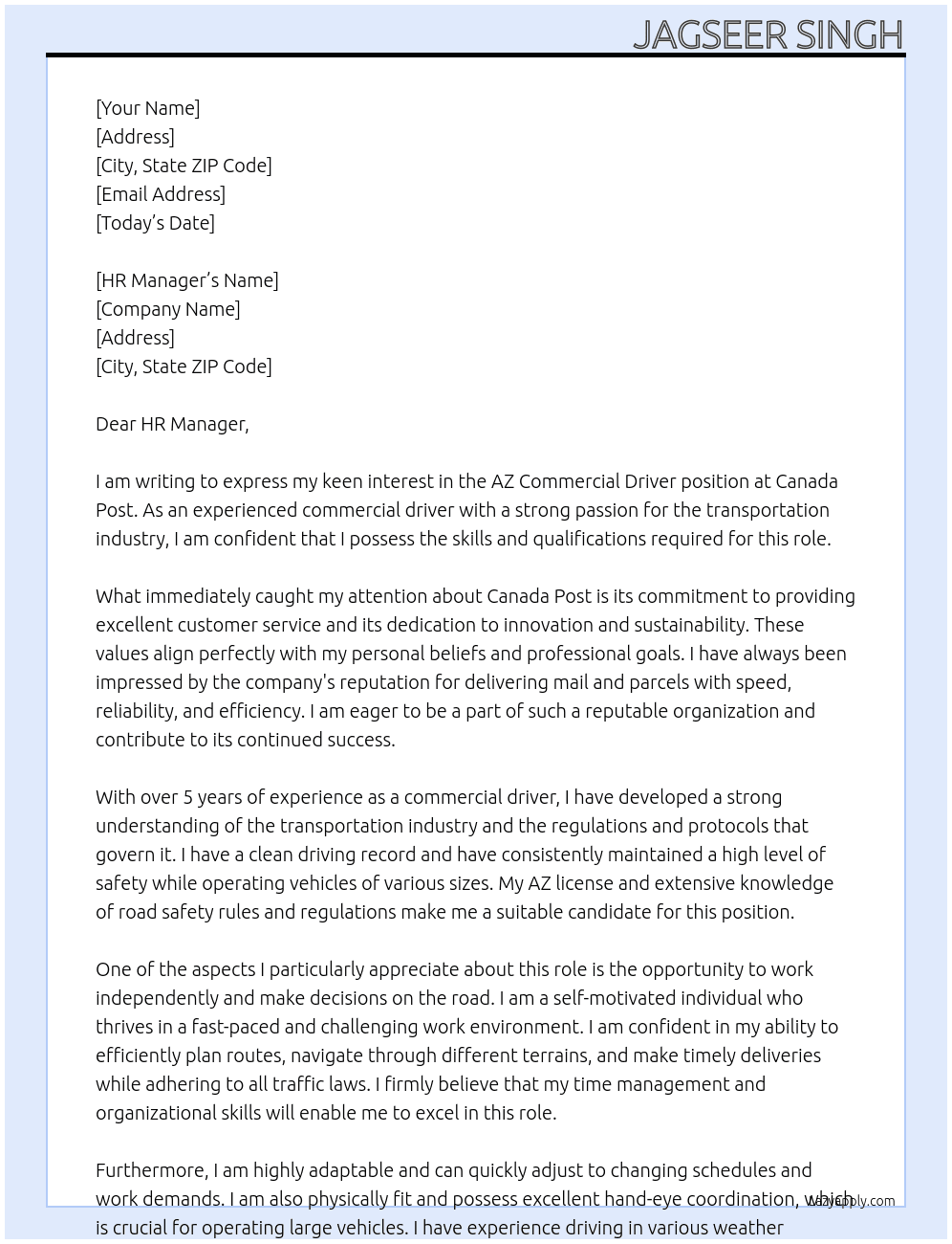 AZ commercial driver At Canada Post Cover Letter