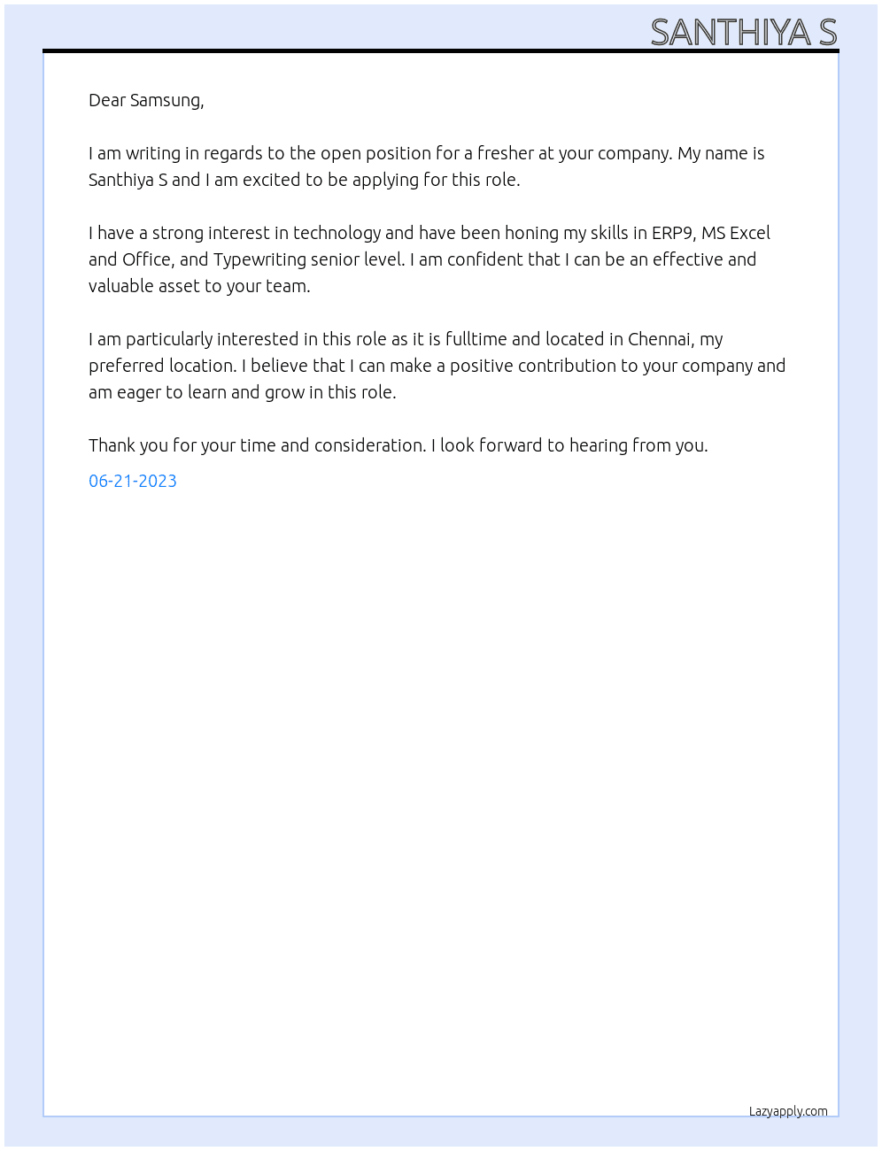 Fresher  At Samsung  Cover Letter