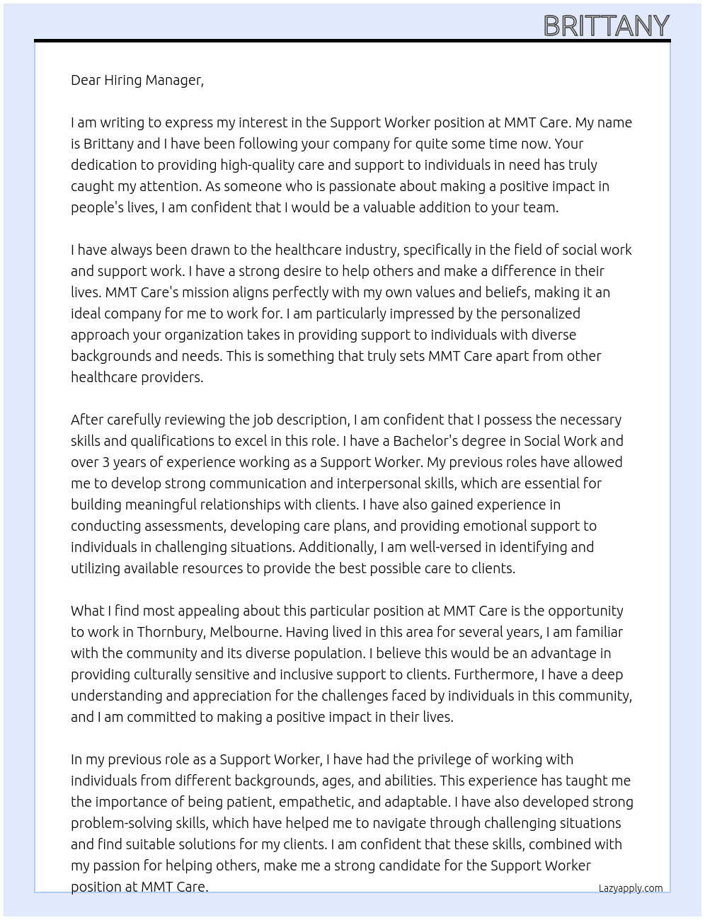 Support Worker At MMT Care Cover Letter