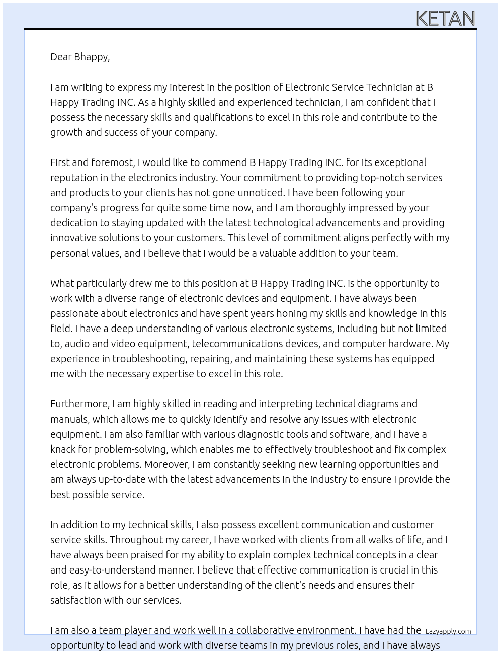 Electronic Service Technitian At B Happy Trading INC. Cover Letter