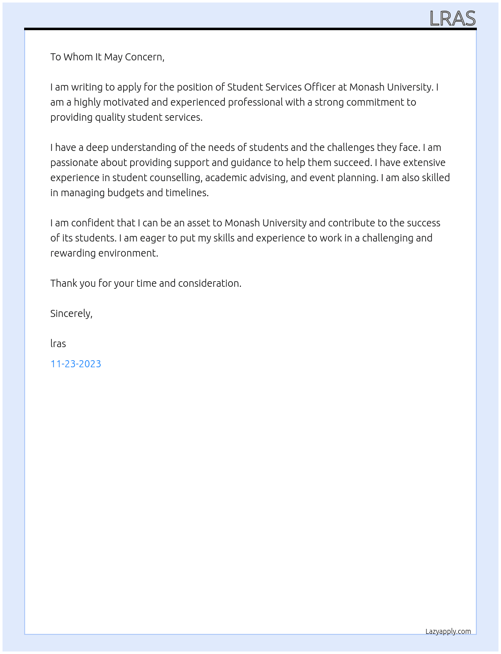 Student Services Officer At monash  Cover Letter