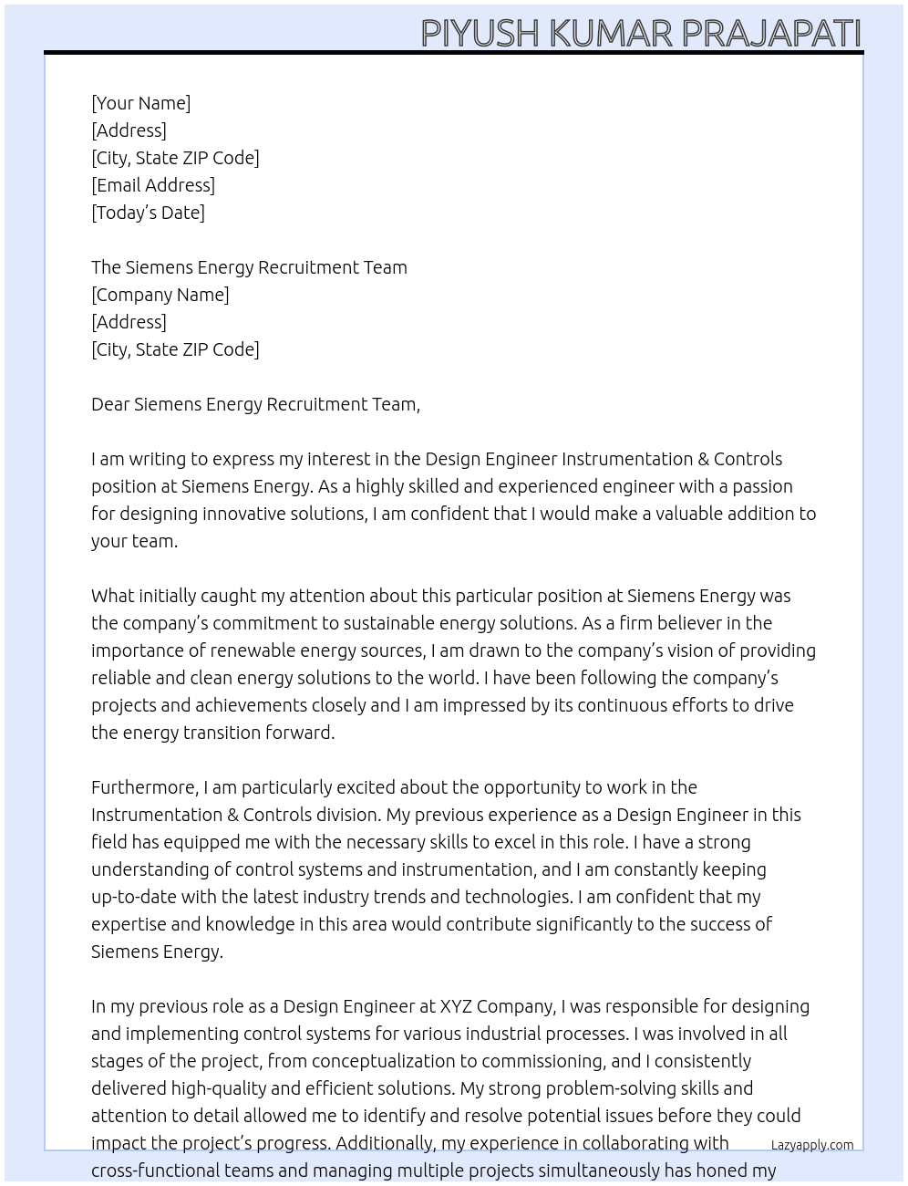 Cover letter for design engineer instrumentation & controls  position. - LazyApply