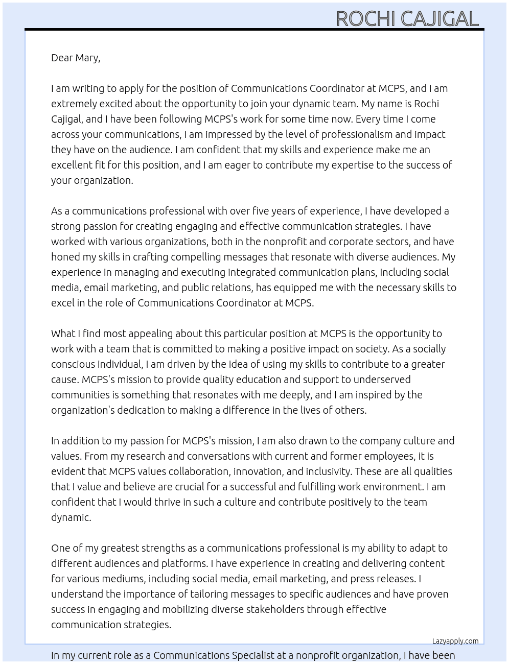 Communications Coordinator At MCPS Cover Letter