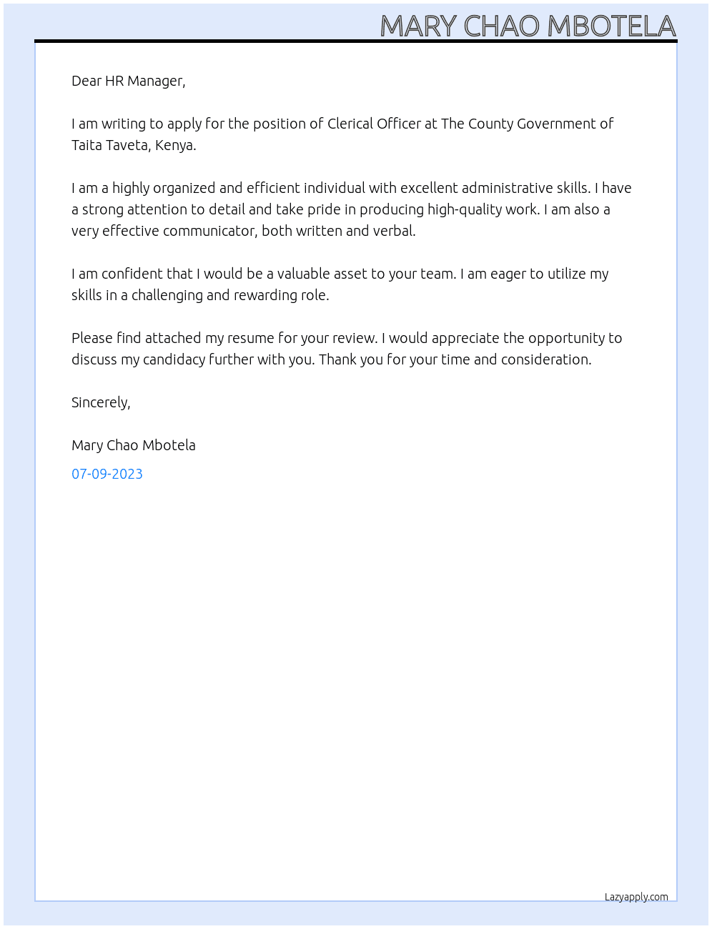 CLERICAL OFFICER At THE COUNTY GOVERNMENT OF TAITA TAVETA ,KENYA Cover Letter