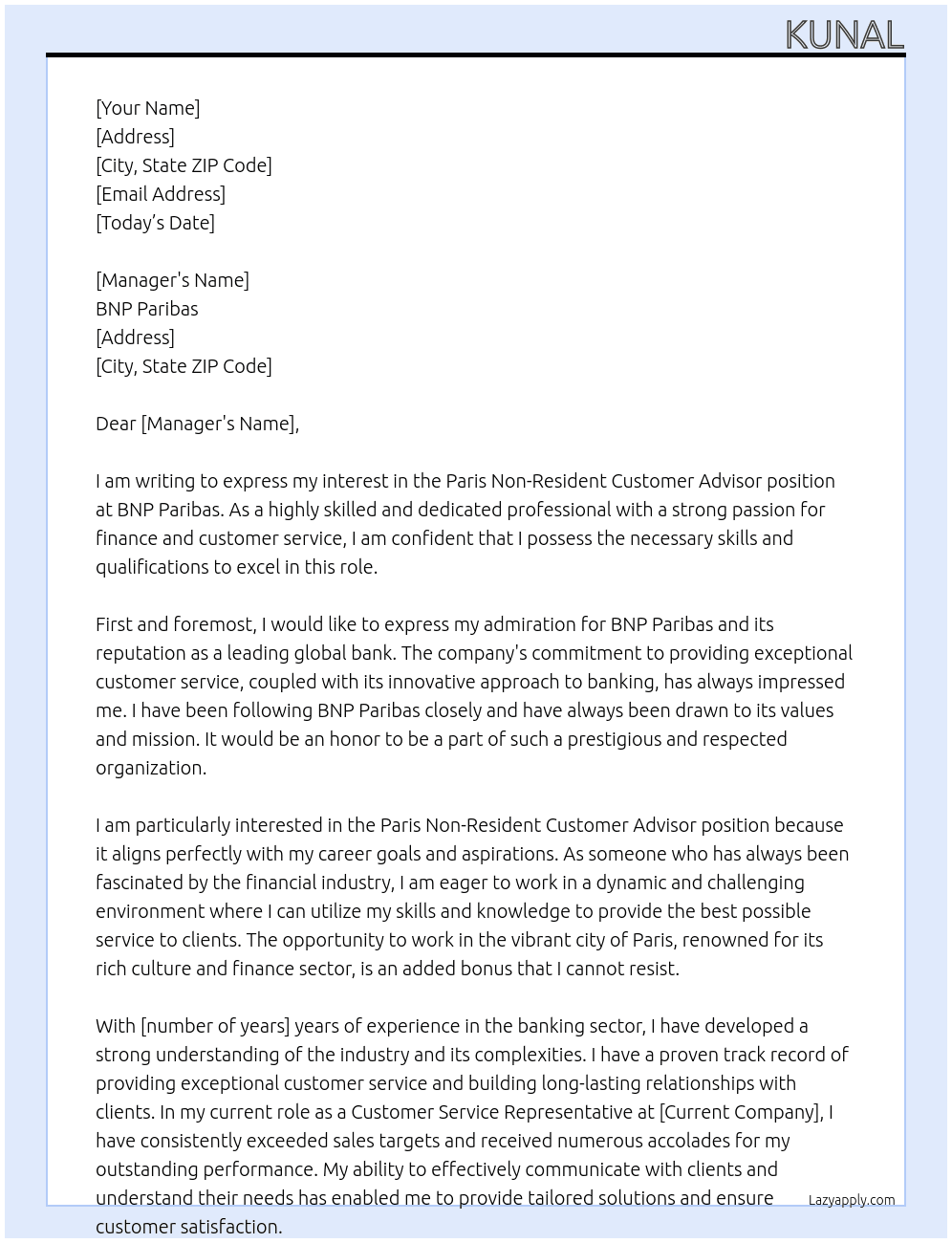 Paris Non-Resident Customer Advisor At BNP Paribas Cover Letter