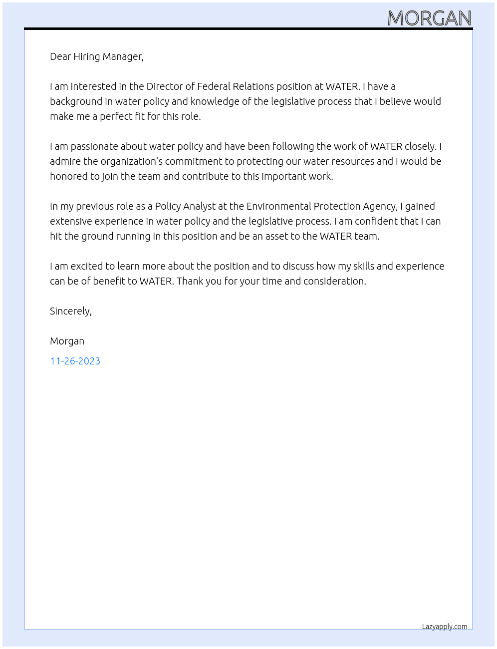 Director of Federal Relations  At WATER Cover Letter