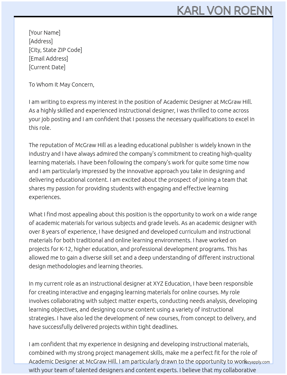 Academic Designer At McGraw Hill Cover Letter