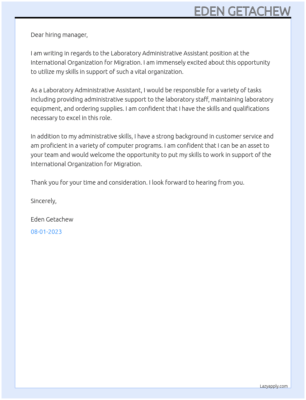 laboratory administrative assistant At international organization for migration  Cover Letter