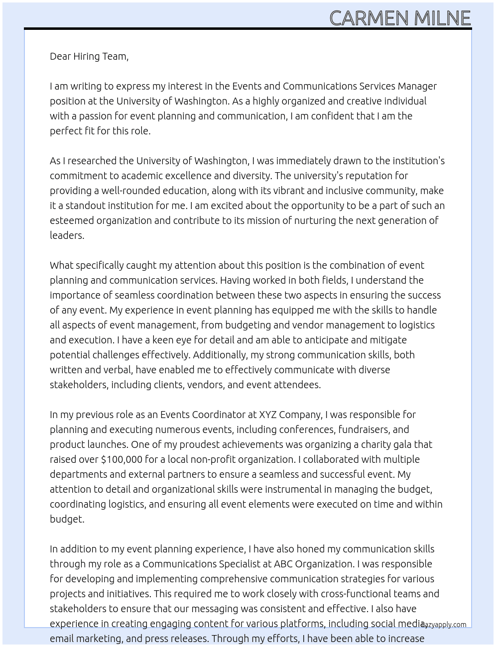 Events and Communications Services Manager  At University of Washington  Cover Letter