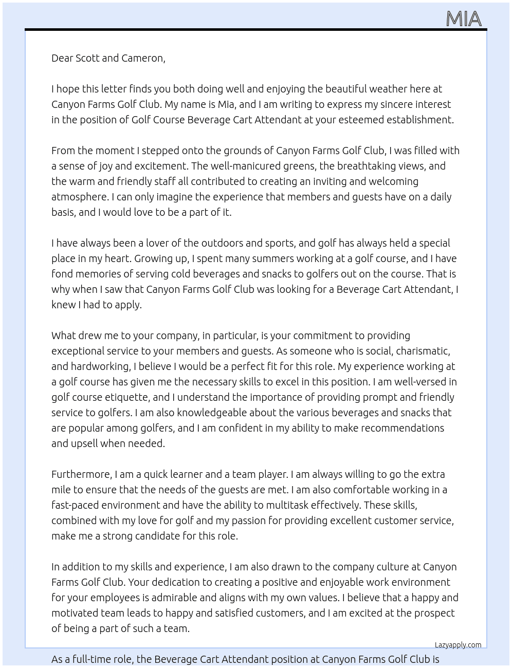 Golf Course Beverage cart attendant  At Canyon Farms Golf Club Cover Letter