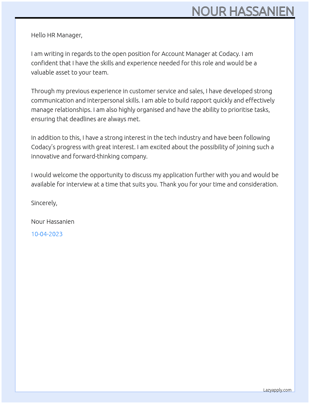 Account manager  At Codacy Cover Letter
