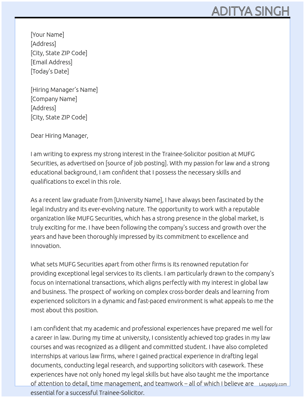 trainee-solicitor At MUFG Securities Cover Letter