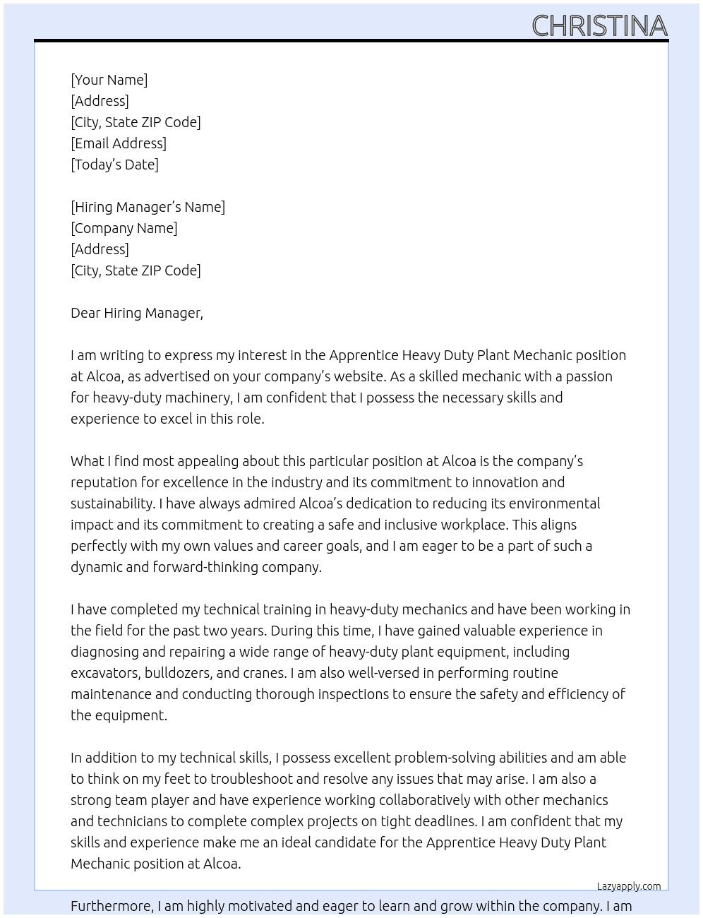 Apprentice Heavy Duty Plant Mechanic At Alcoa Cover Letter