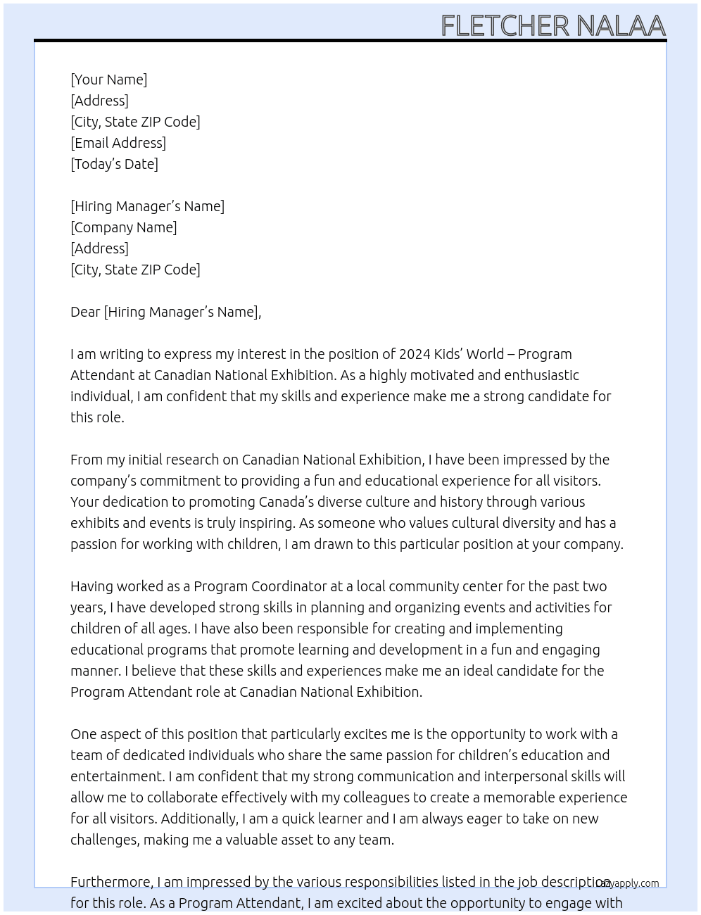 2024 Kids' World - Program Attendant At Canadian National Exhibition Cover Letter