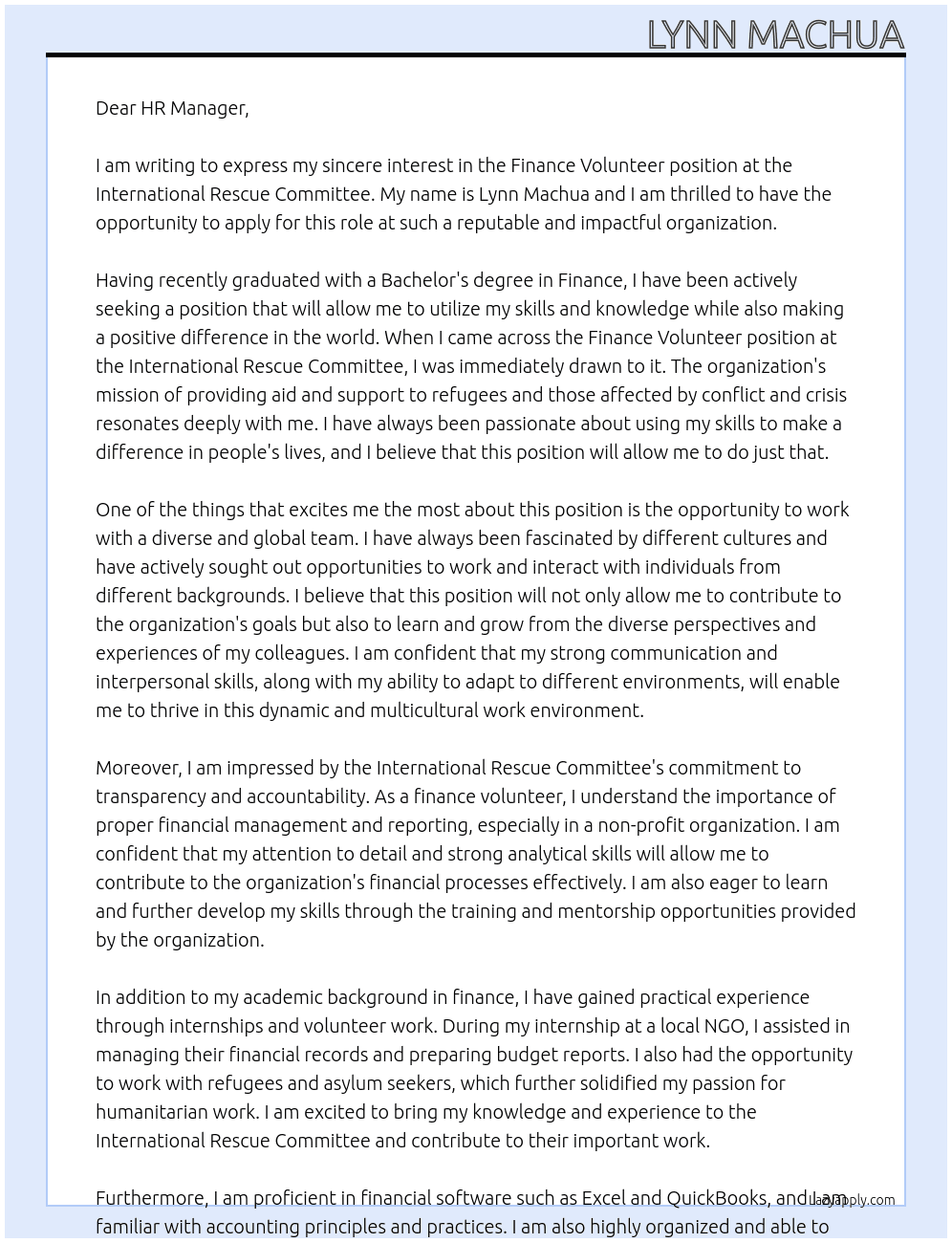 finance volunteer At international rescue commitee Cover Letter