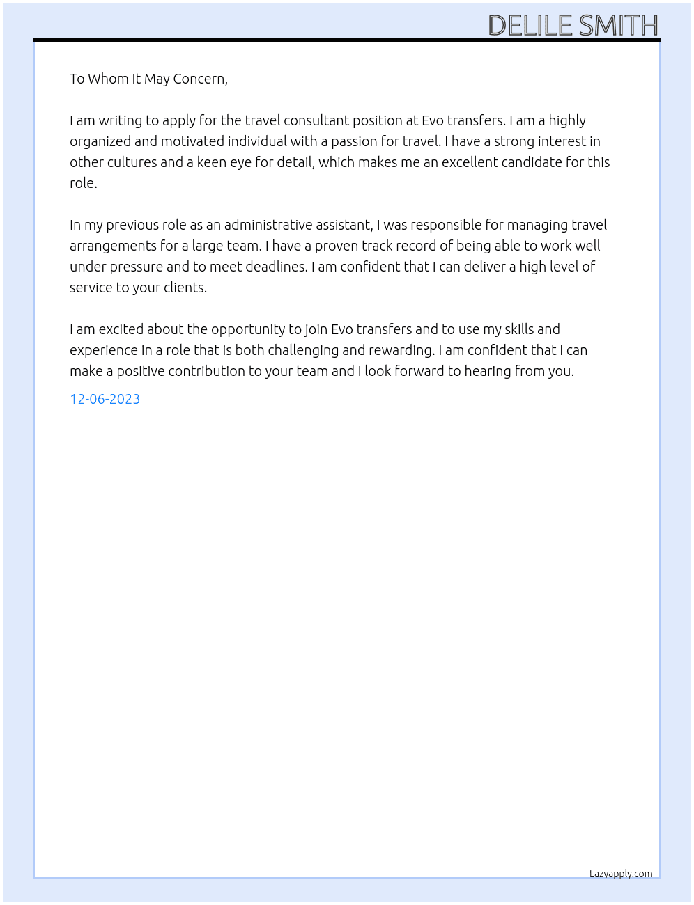 travel consultant At Evo transfers Cover Letter