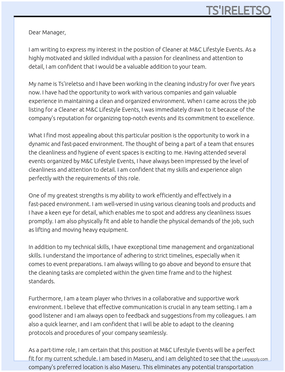Cleaner At M&C Lifestyle Events  Cover Letter