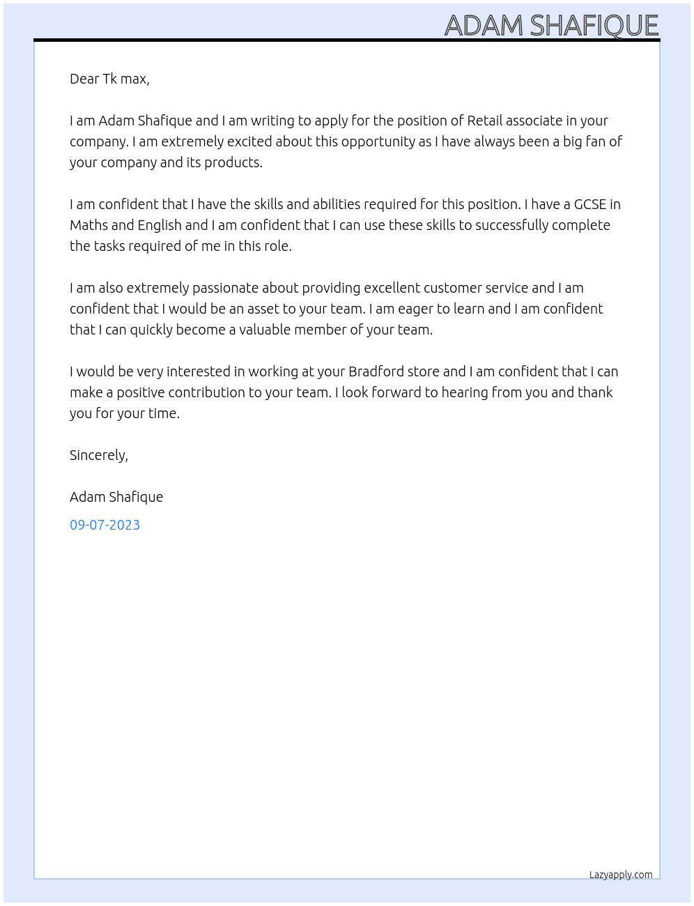 Retail associate At Tk max Cover Letter