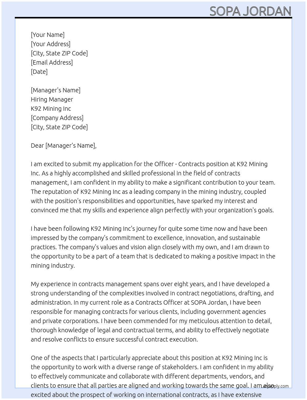 Officer - Contracts At K92 Mining Inc Cover Letter