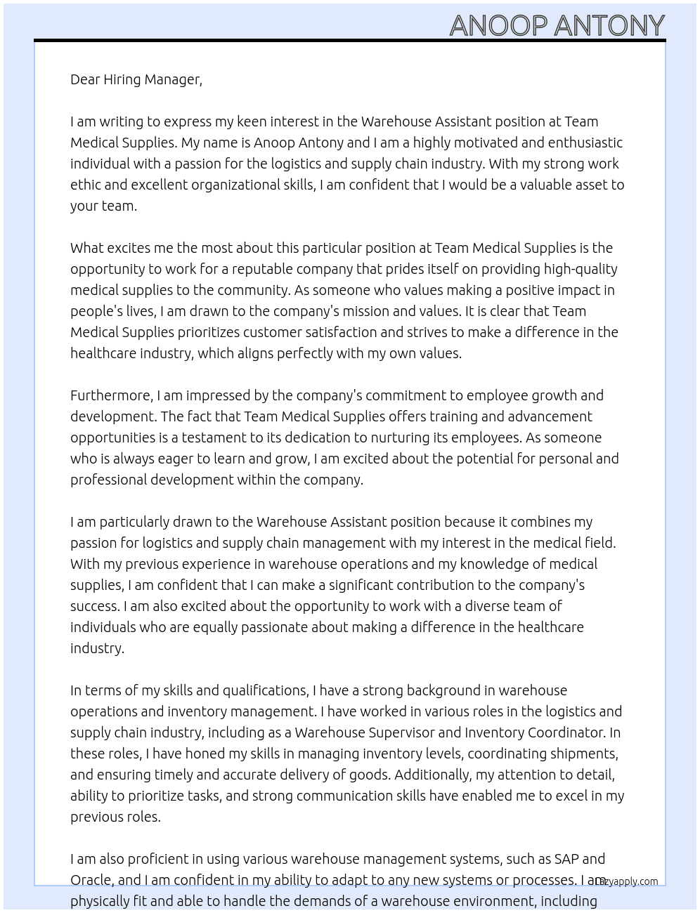  Warehouse Assistant At team medical supplies Cover Letter