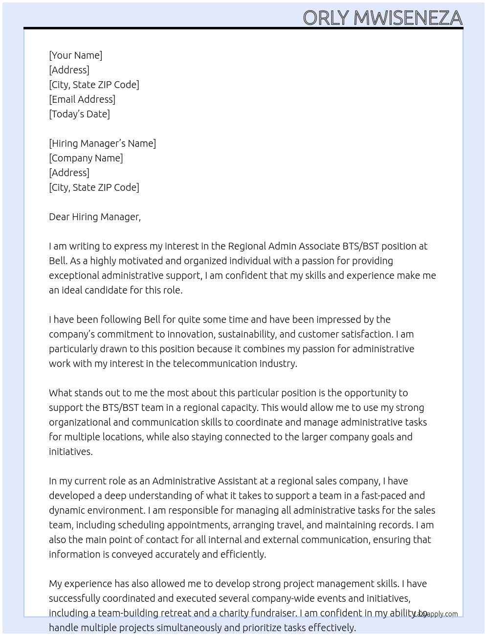 Regional Admin Associate BTS / BST At Bell Cover Letter