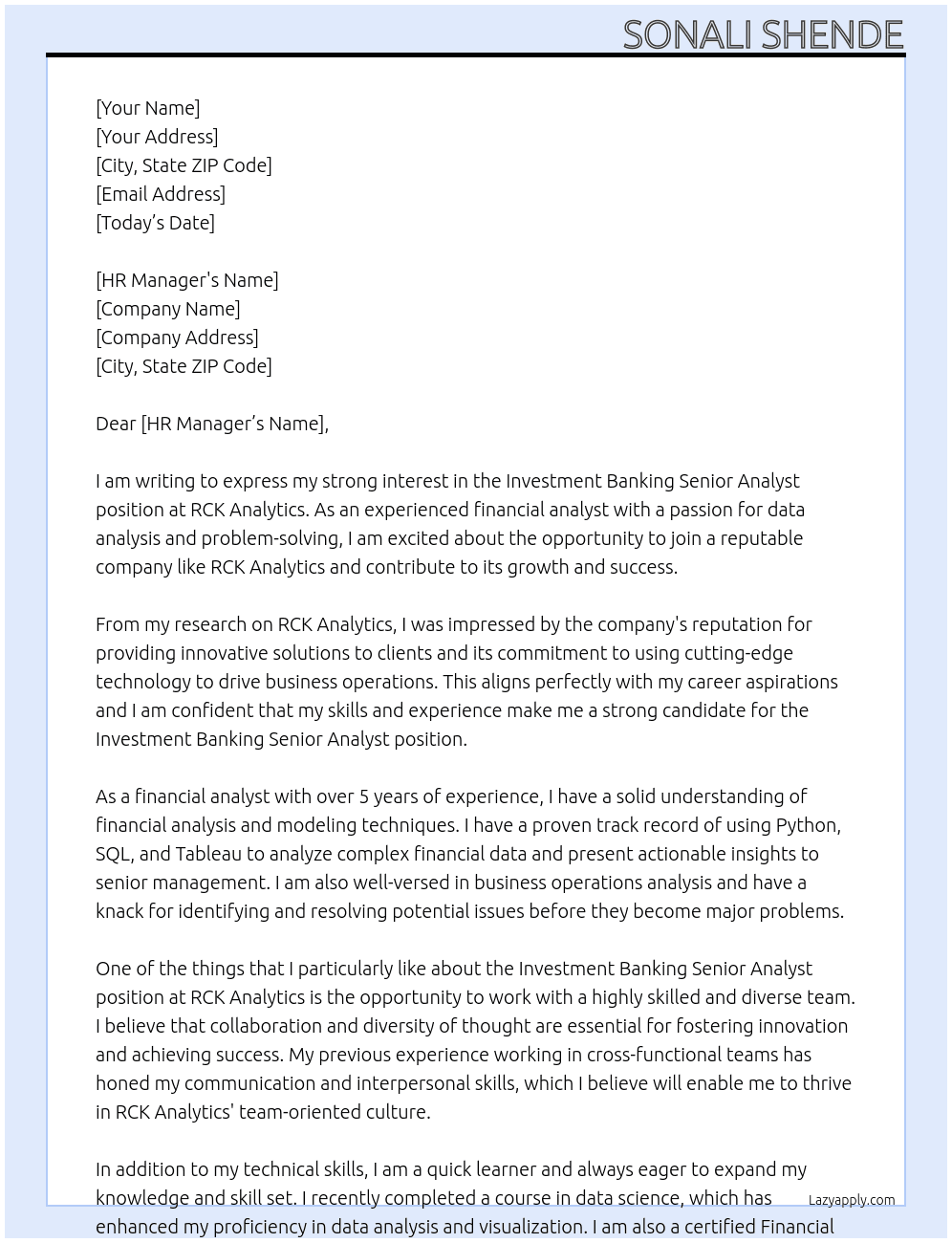"Investment Banking Senior Analyst" At RCK Analytics Cover Letter