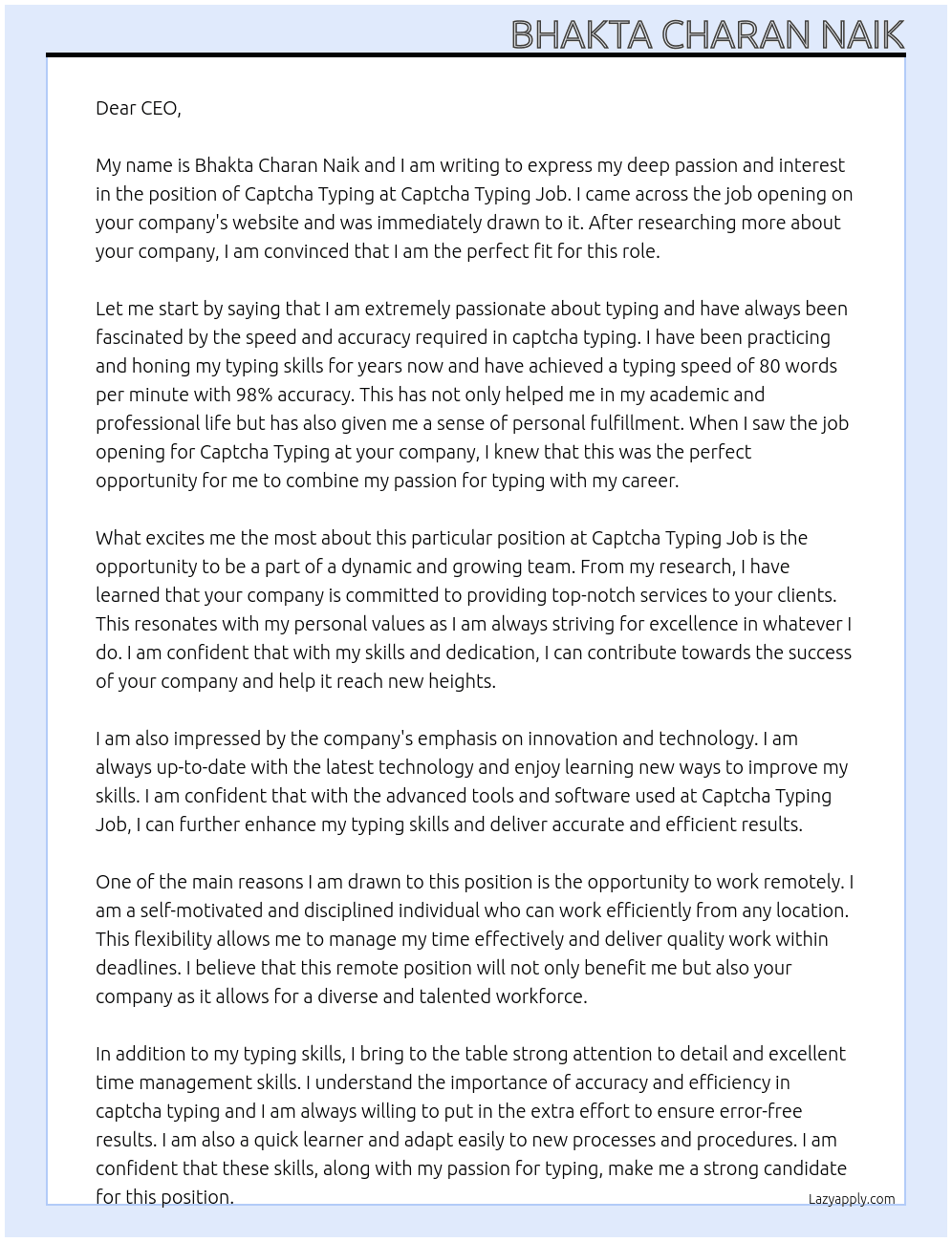 Captcha typing  At Captcha typing job Cover Letter