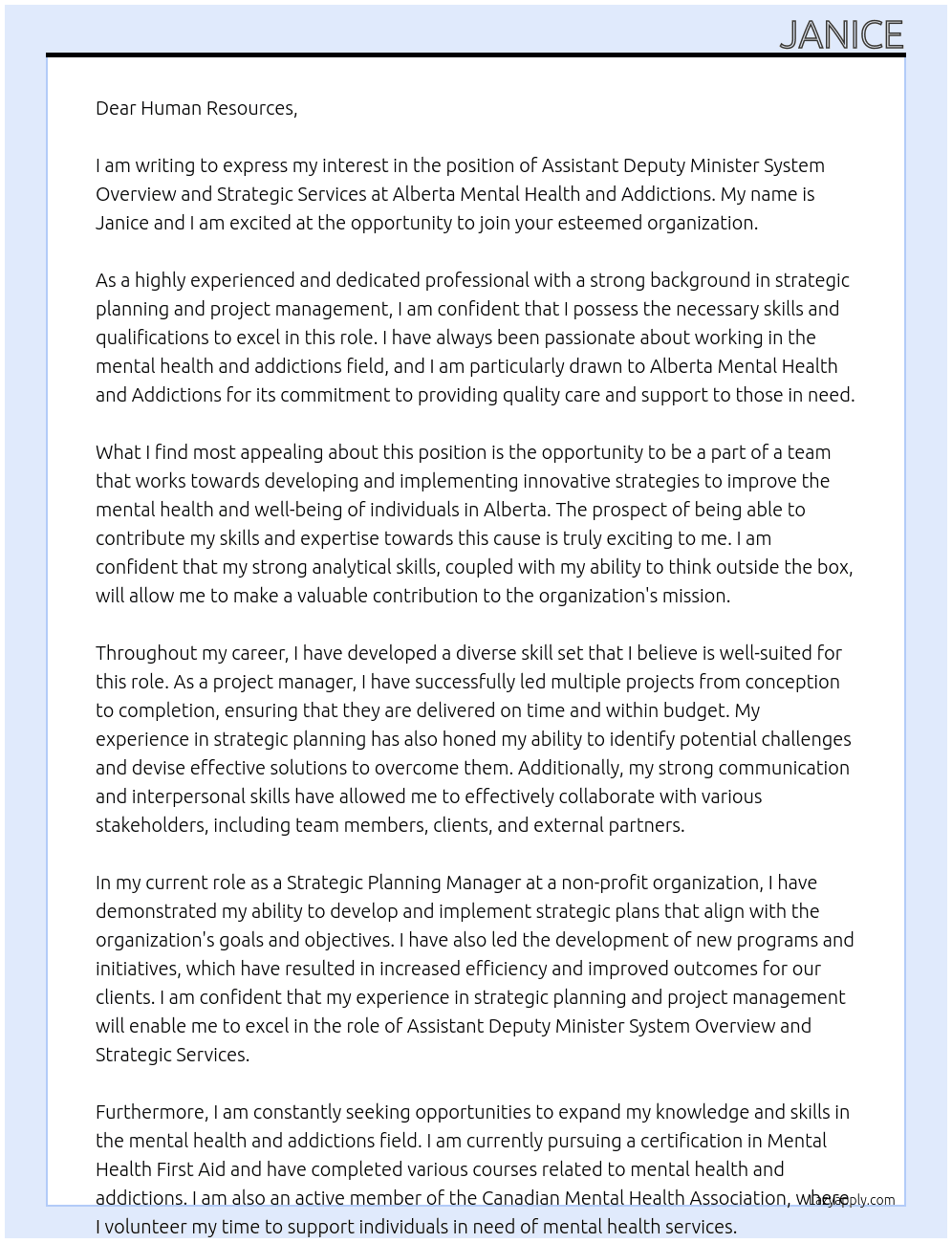 Assistant Deputy Minister System Overview and Strategic Services At Alberta Mental Health and Addictions Cover Letter