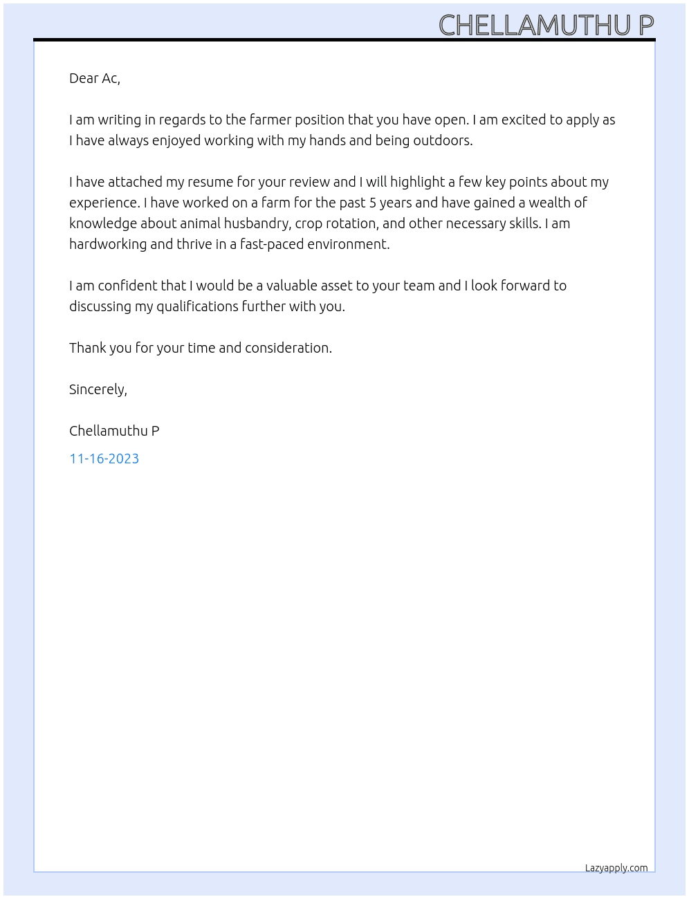 FARMER At ac Cover Letter