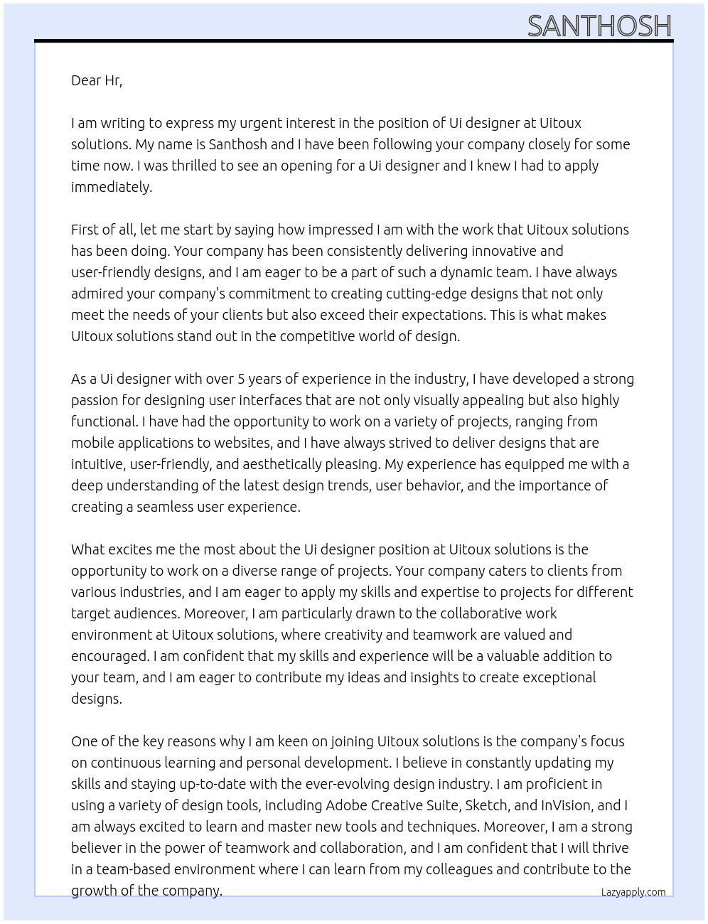 Ui designer  At Uitoux solutions  Cover Letter
