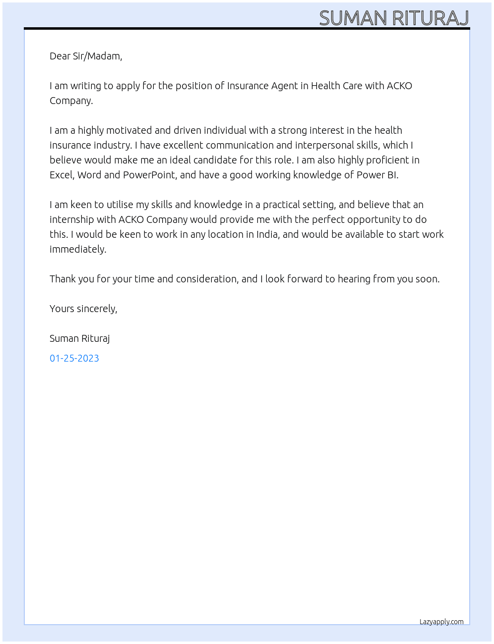 Cover letter for insurance agents in health care - LazyApply