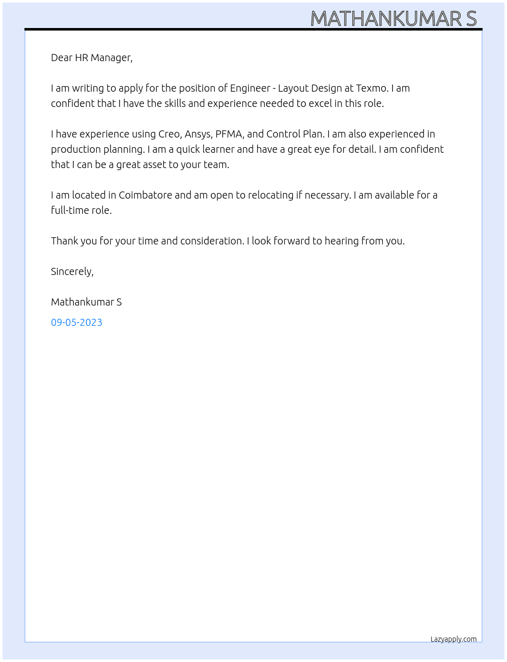 Engineer -Layout Design  At Texmo Cover Letter