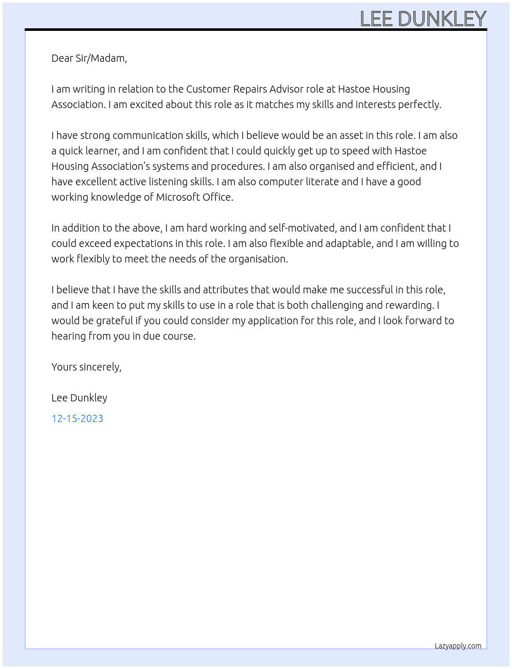 Customer Repairs Advisor At Hastoe Housing Association Cover Letter