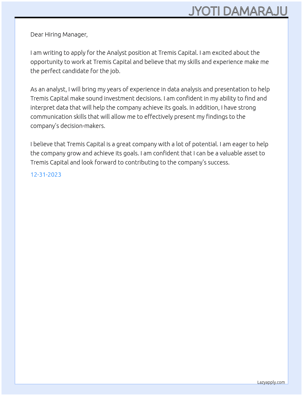 Analyst At Tremis Capital Cover Letter