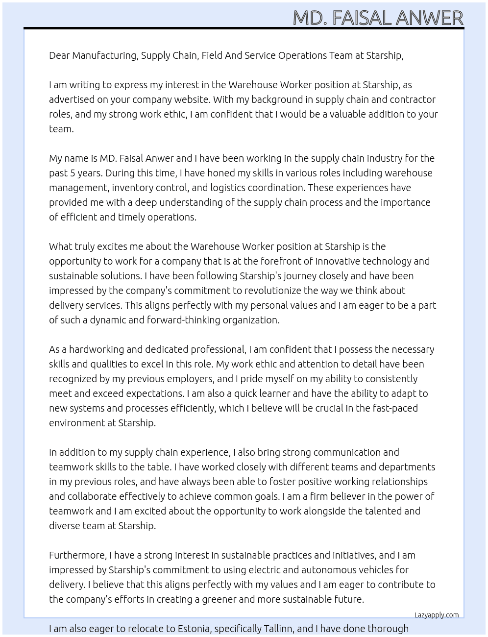 Warehouse Worker At Starship  Cover Letter