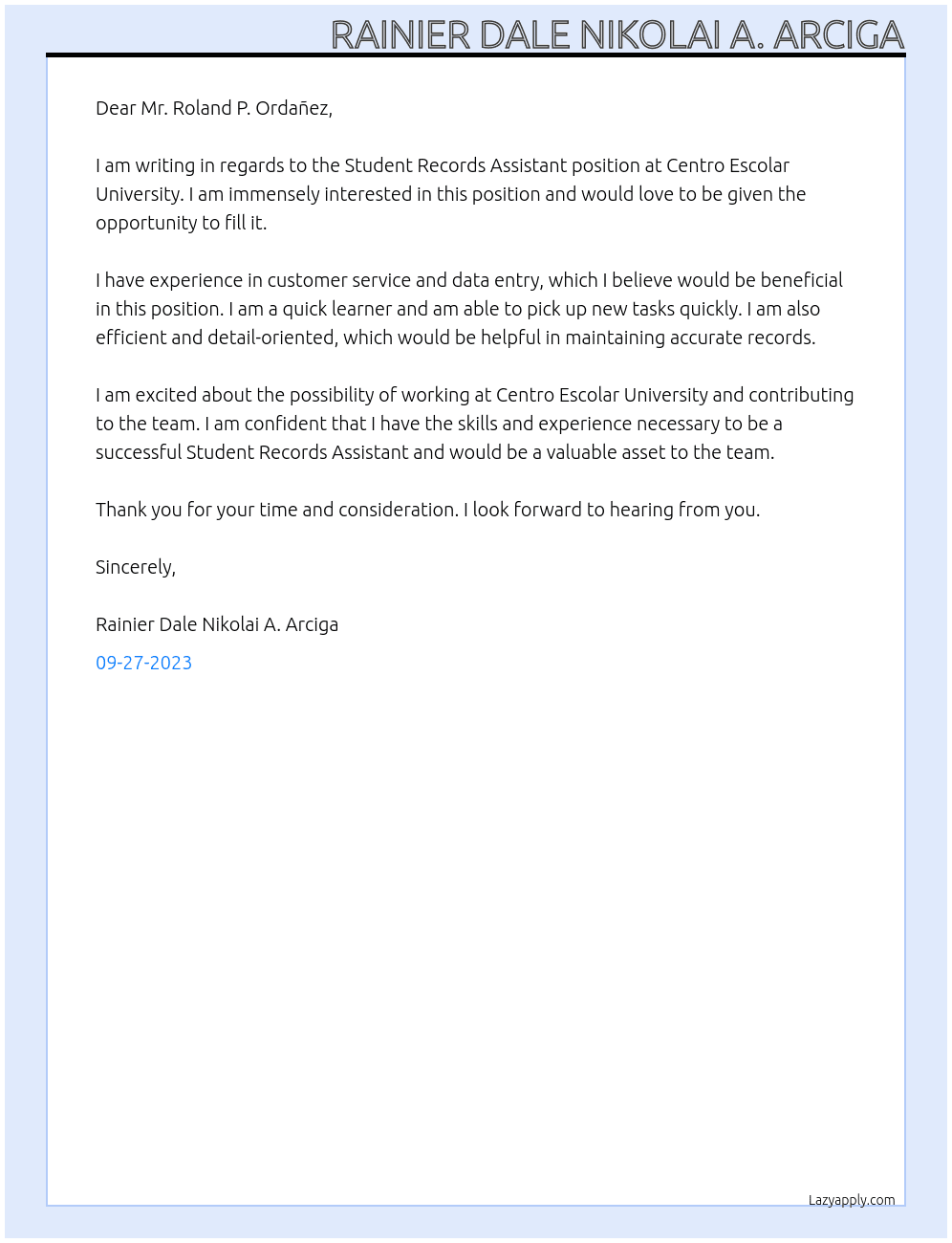 Student Records Assistant At Centro Escolar University Cover Letter