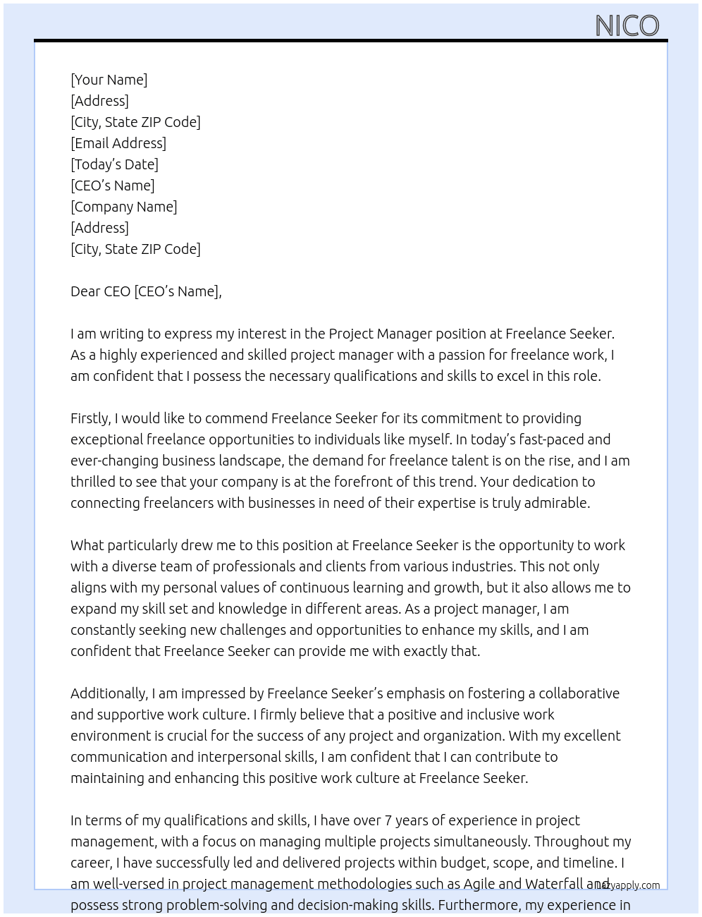 Project Manager At Freelance Seeker Cover Letter