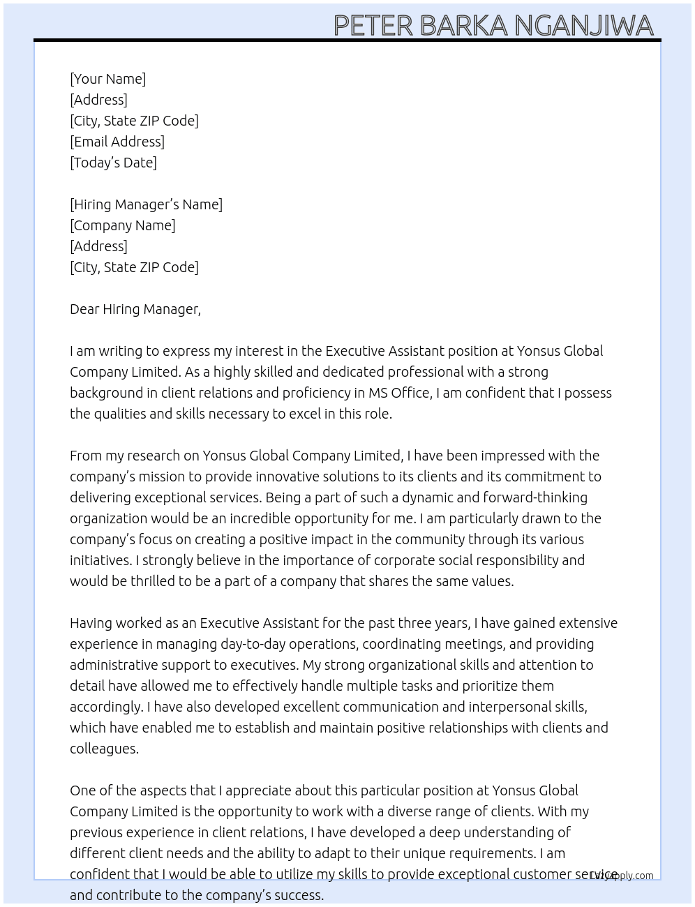 Executive Assistant  At Yonsus Global company limited  Cover Letter