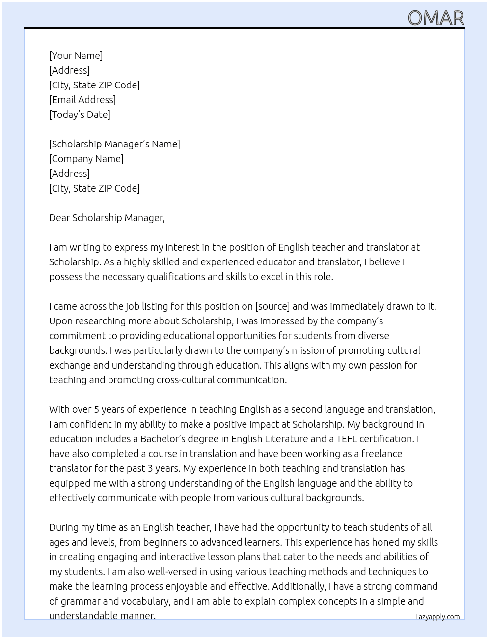 English teacher and translator At Scholarship Cover Letter