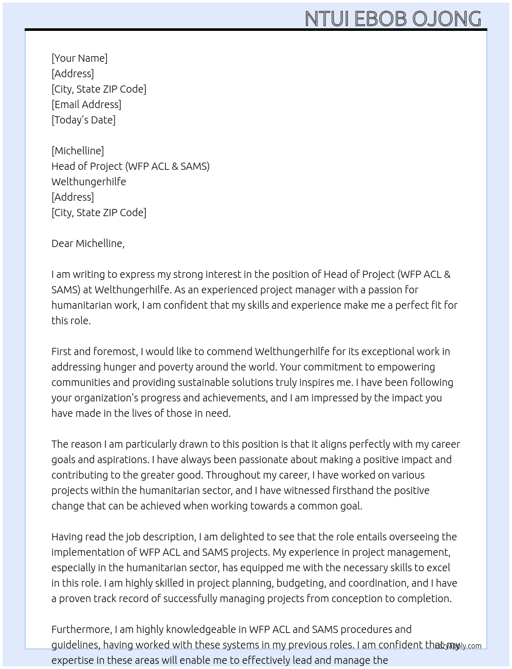 Head of Project (WFP ACL & SAMS) At Welthungerhilfe Cover Letter