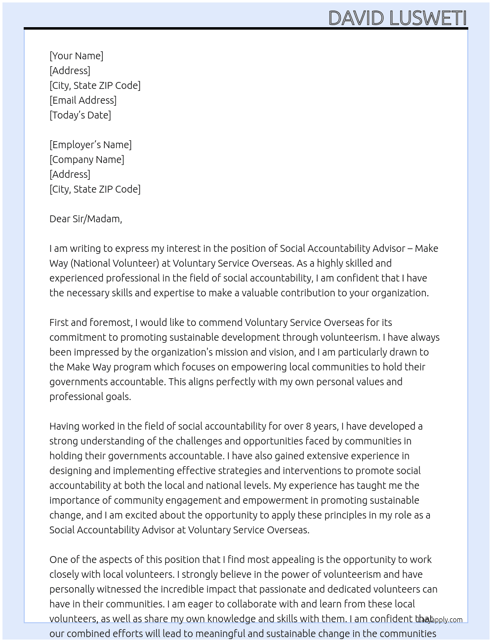 Social Accountability Advisor – Make way (National Volunteer) At Voluntary Service Overseas Cover Letter