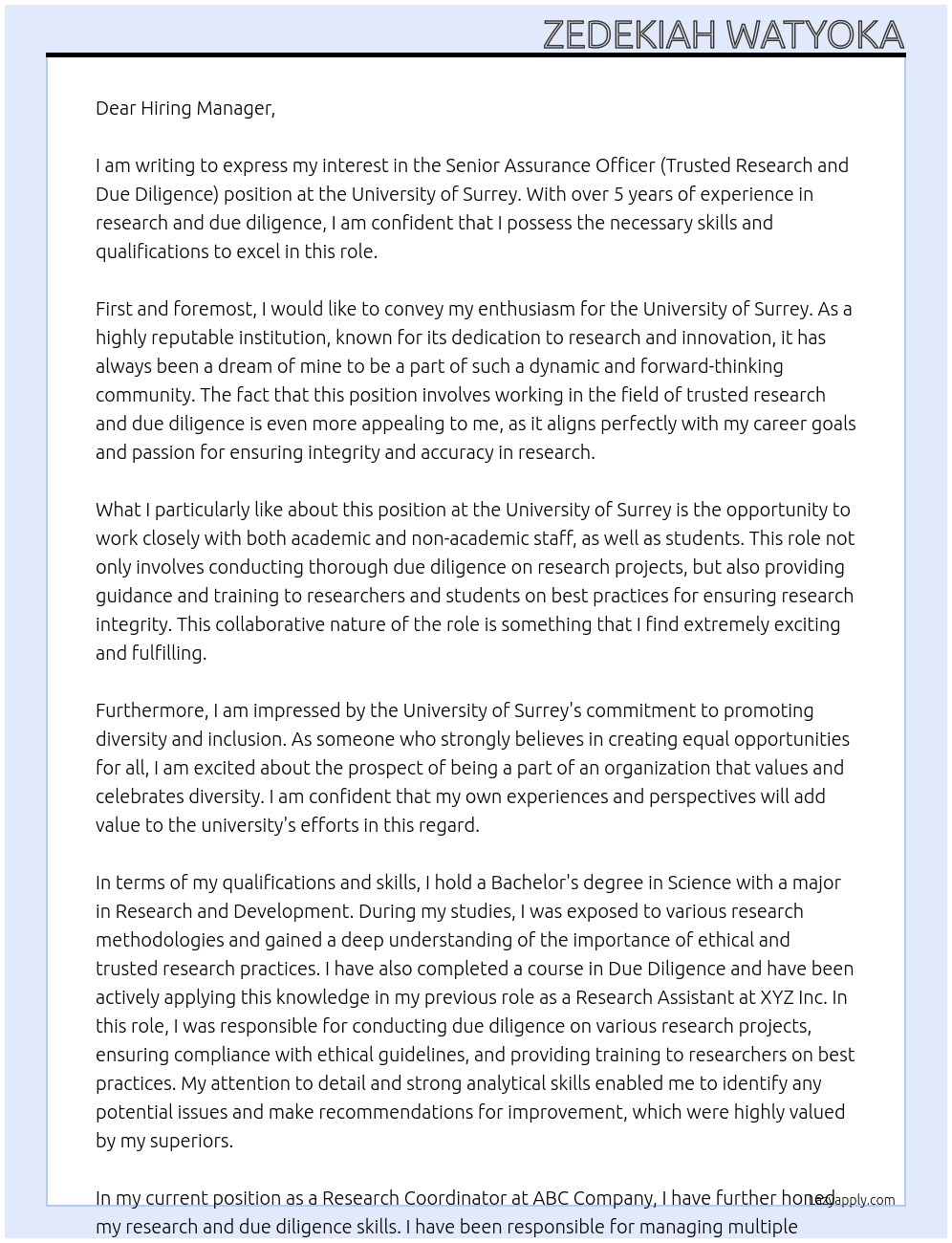Senior Assurance Officer (Trusted Research and Due Diligence) At University of Surrey Cover Letter