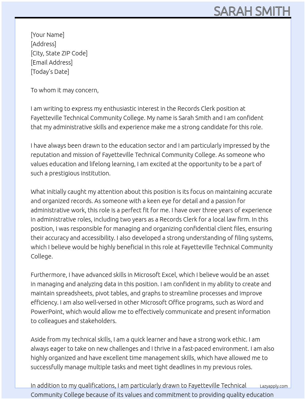Records Clerk At Fayetteville Technical Community College Cover Letter