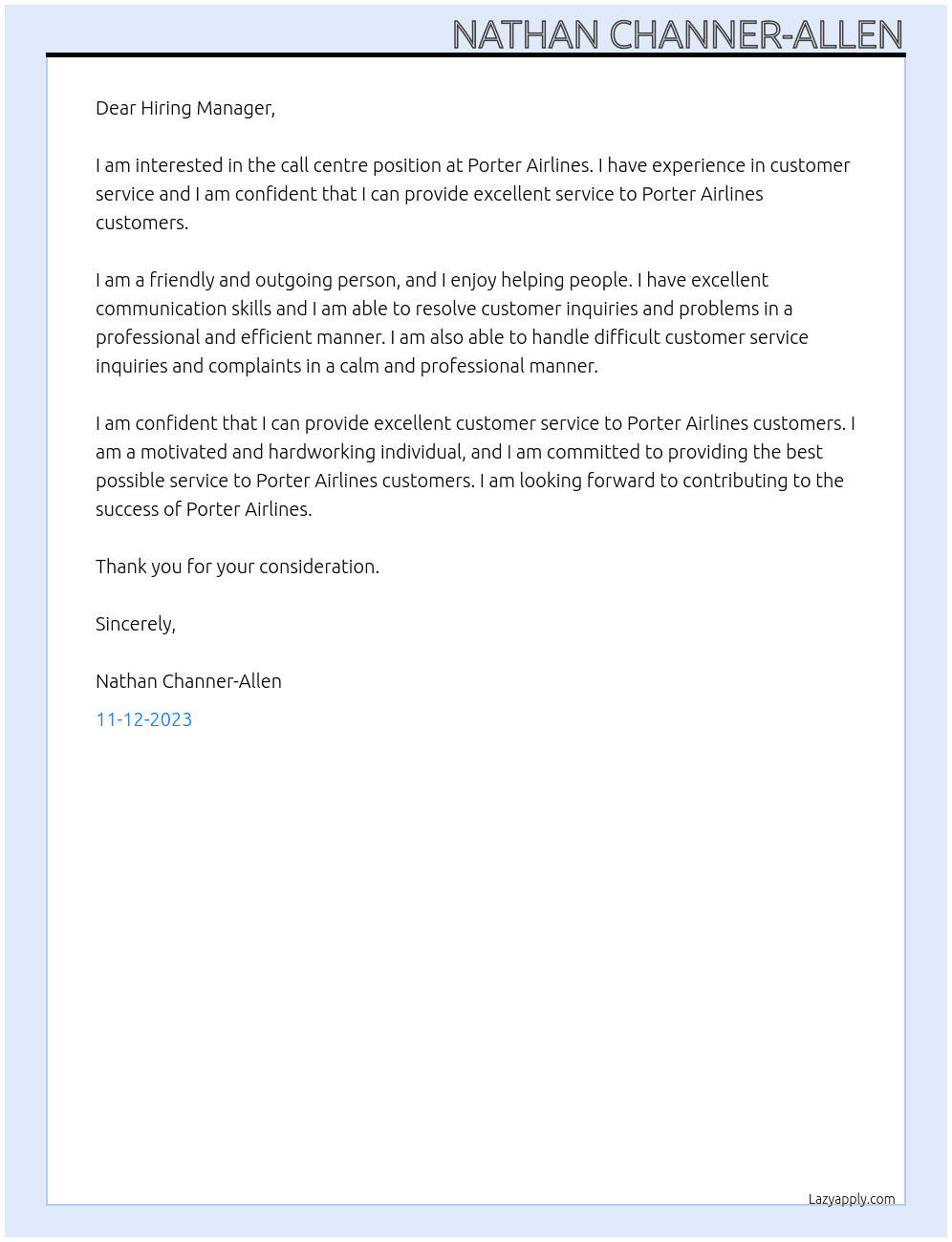 Call Centre At Porter Airlines Cover Letter