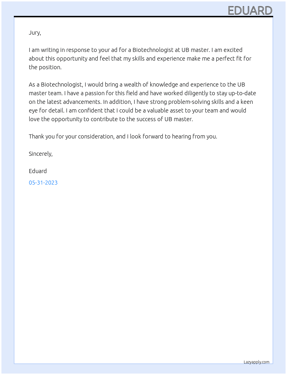 Biotechnologits At UB master Cover Letter