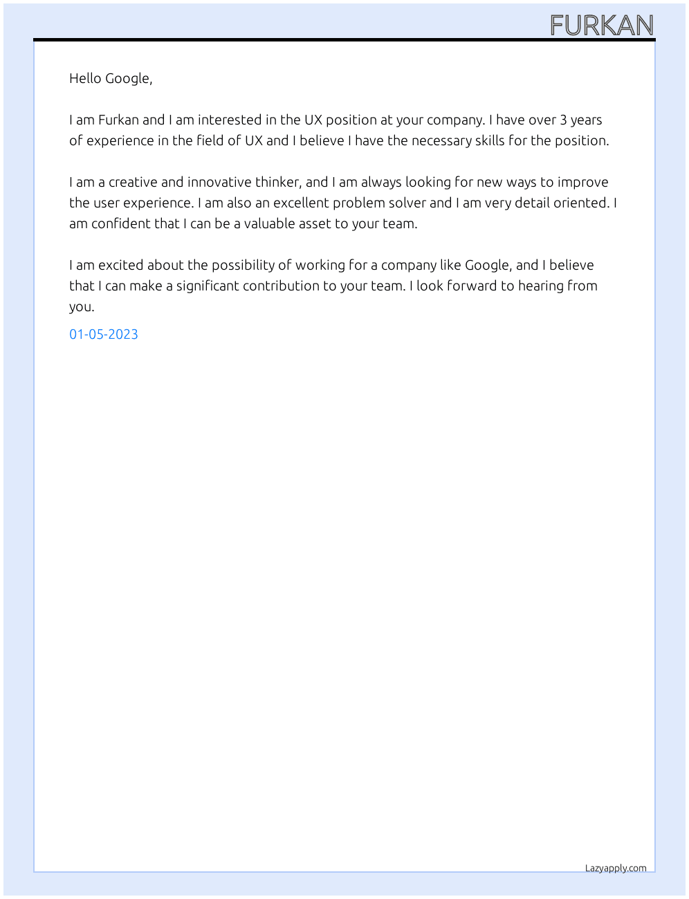 Cover letter for ux - LazyApply