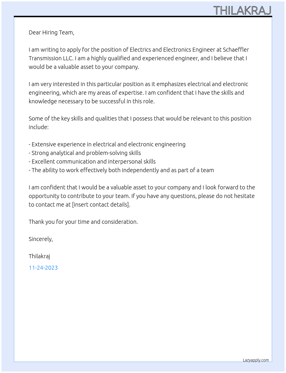 Electrics and Electronics Engineer At Schaeffler Transmission LLC Cover Letter